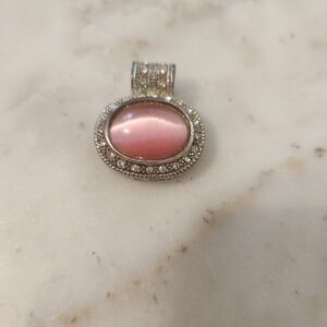 Vintage Pink Love Stone Silver Tones Oval Pendant. Rhinestone Sides.